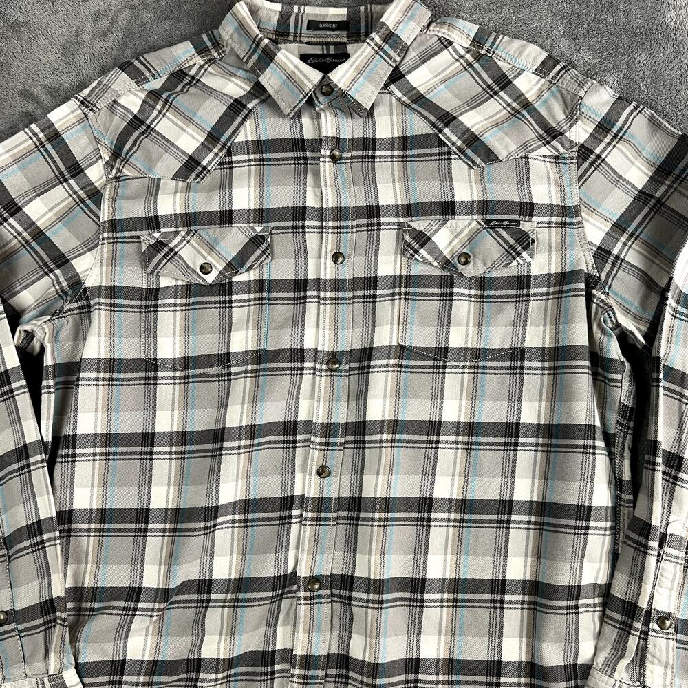 Eddie Bauer Button Down Mens XL Plaid Pearl Snap Classic Fit Western‎ - Picture 2 of 10